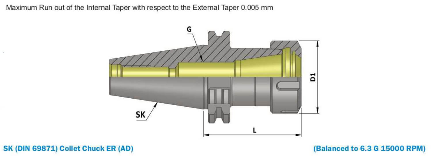 SK40 ER32 100 ER Collet Chuck (AD) (Balanced to G6.3 15000 RPM) (DIN 6499)